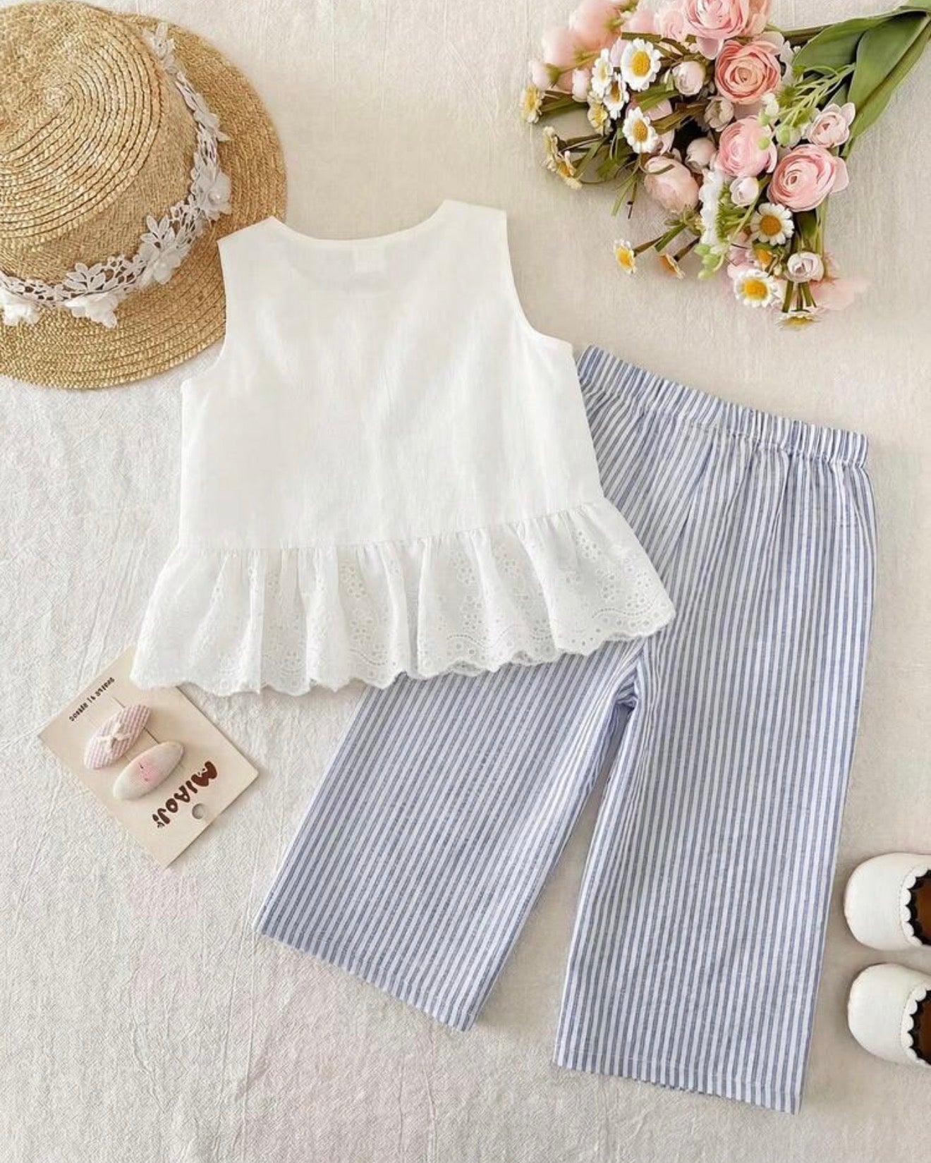 CONJUNTO PANT Y CAMISA ENCAJE NIÑA AZUL Y BLANCO