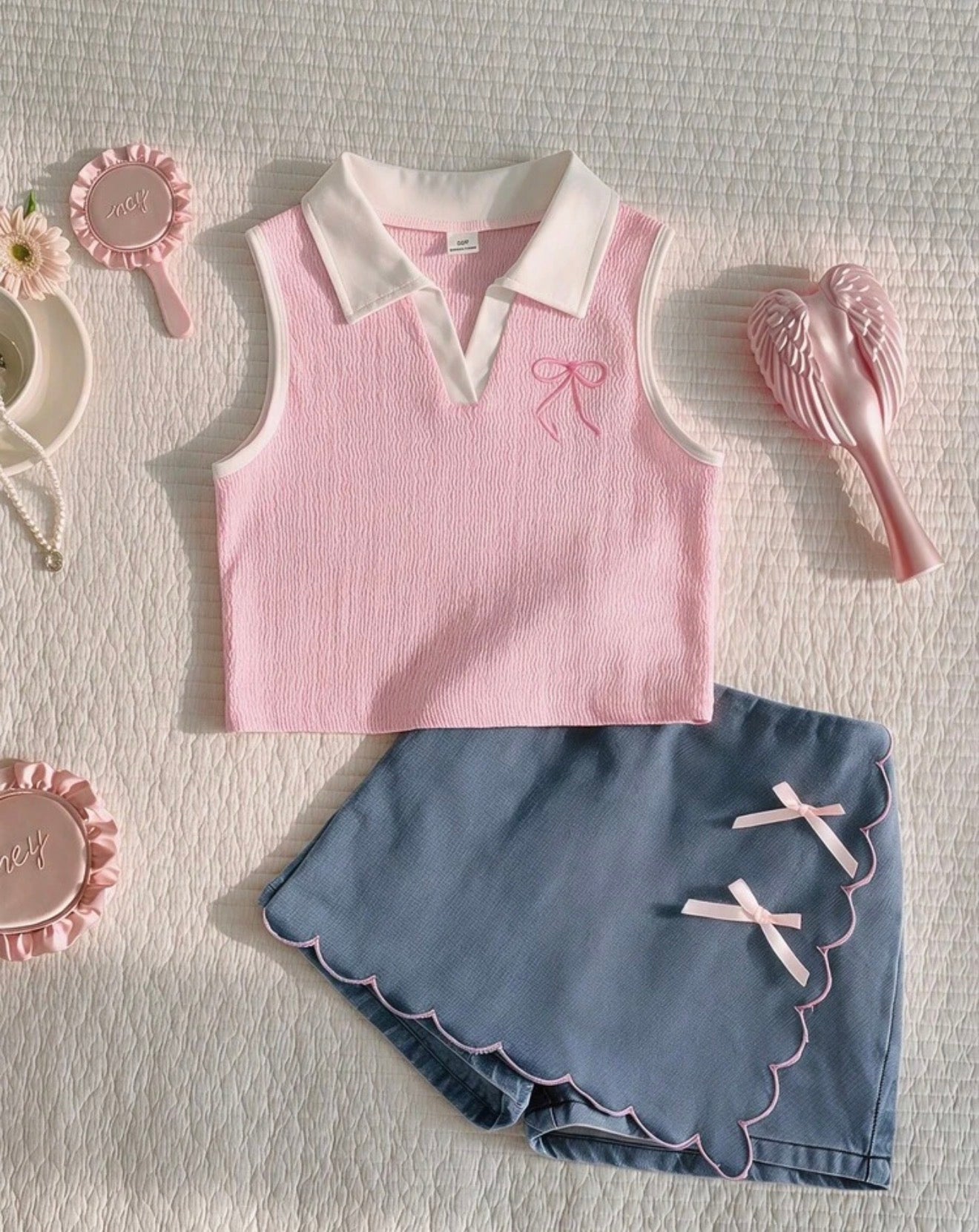 CONJUNTO FALDA SHORT Y BLUSA ROSA