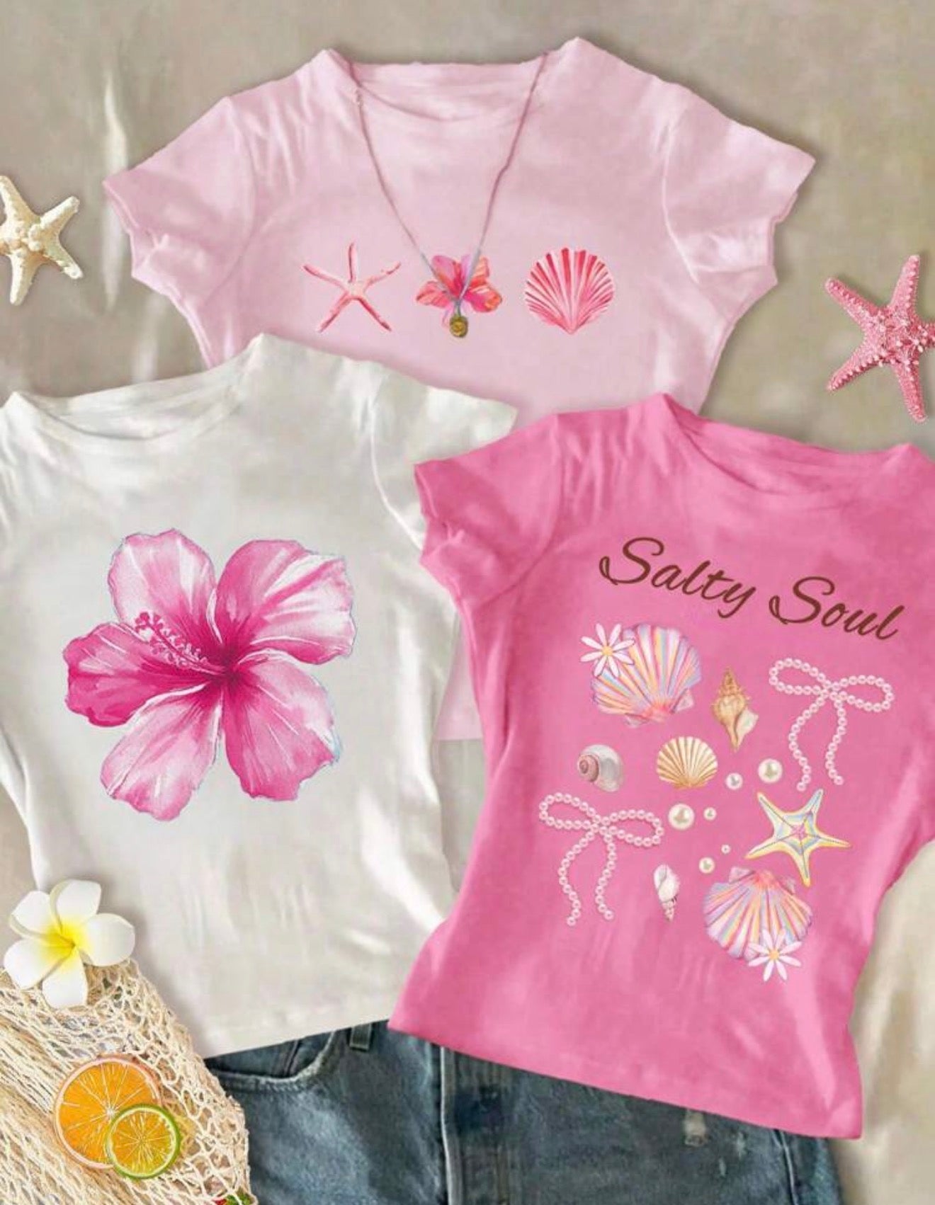 CAMISETAS MAR CONCHITAS Y FLORES