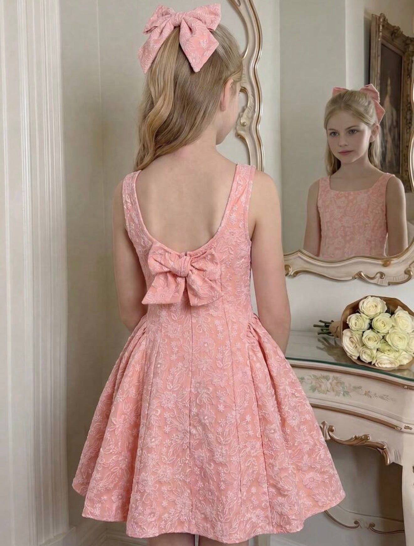 VESTIDO SALMON CHONGO EN LA ESPALDA TELA CREPE