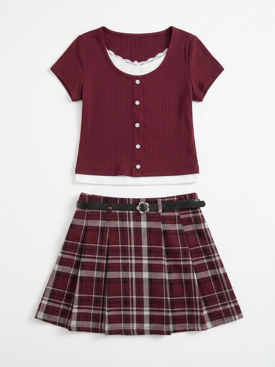 CONJUNTO FALDA VINO CUADRICULADA