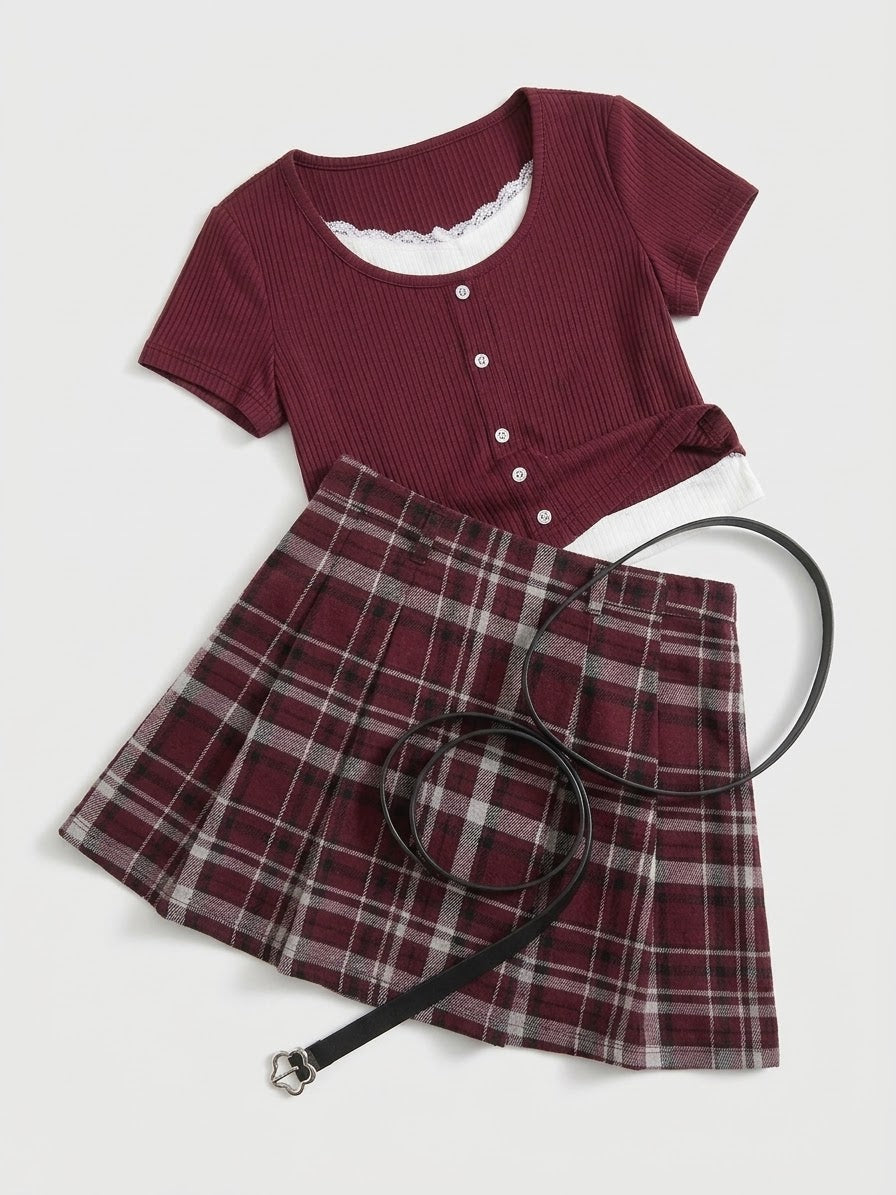 CONJUNTO FALDA VINO CUADRICULADA