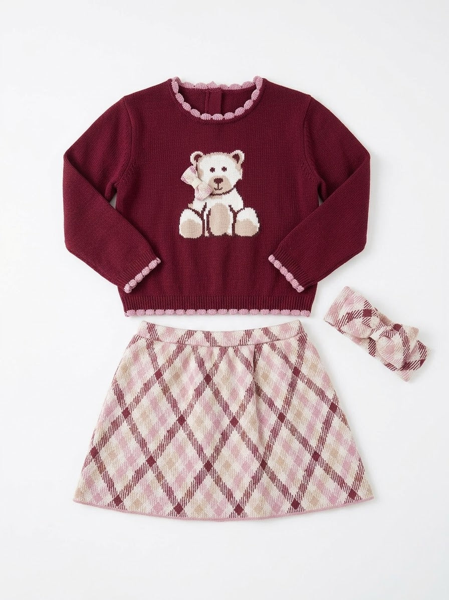 SET 3 PIEZAS VINO FALDA CUADRICULADA CON OSO