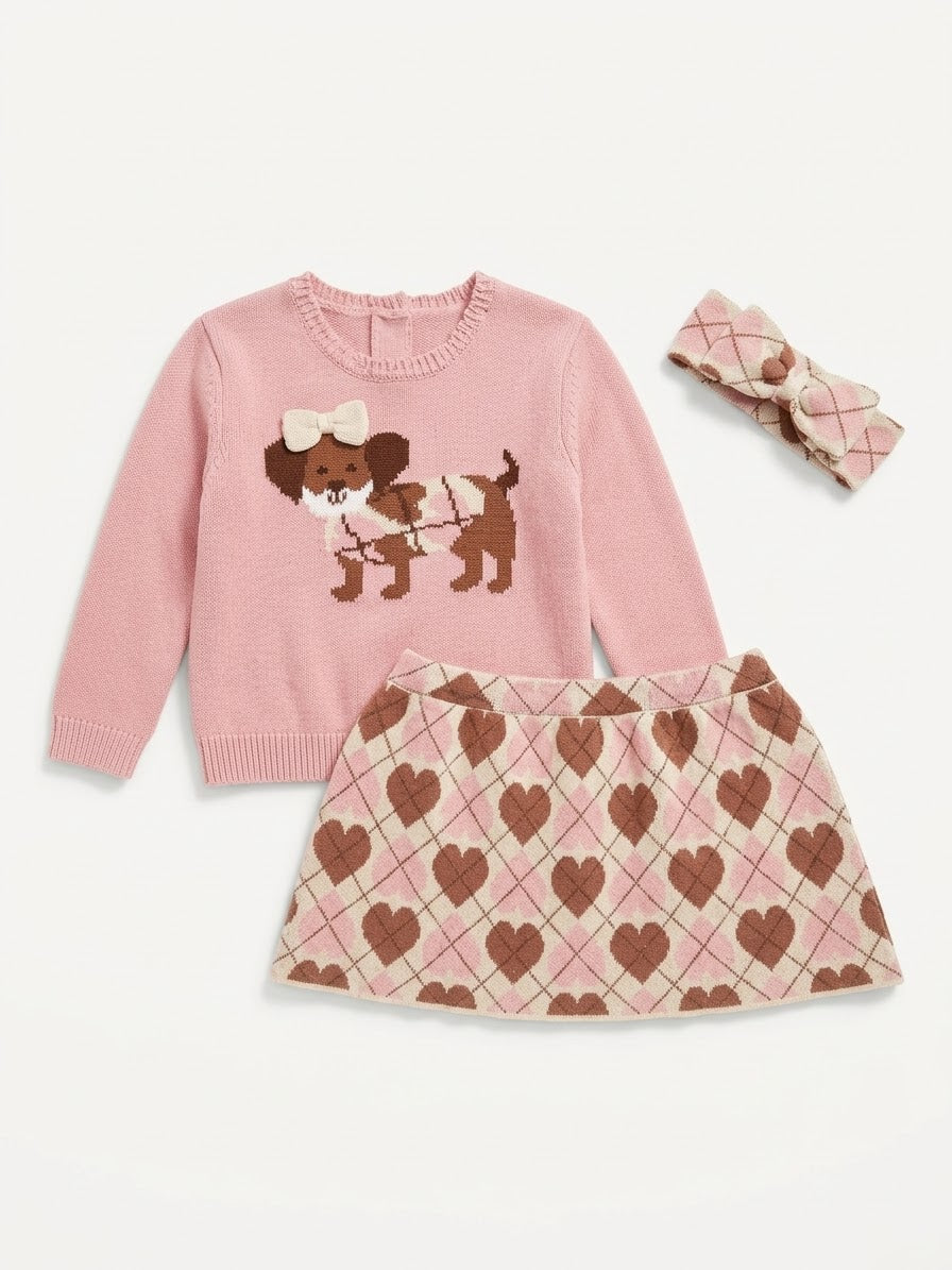 SET 3 PIEZAS ROSA FALDA CORAZONES CON PERRITO