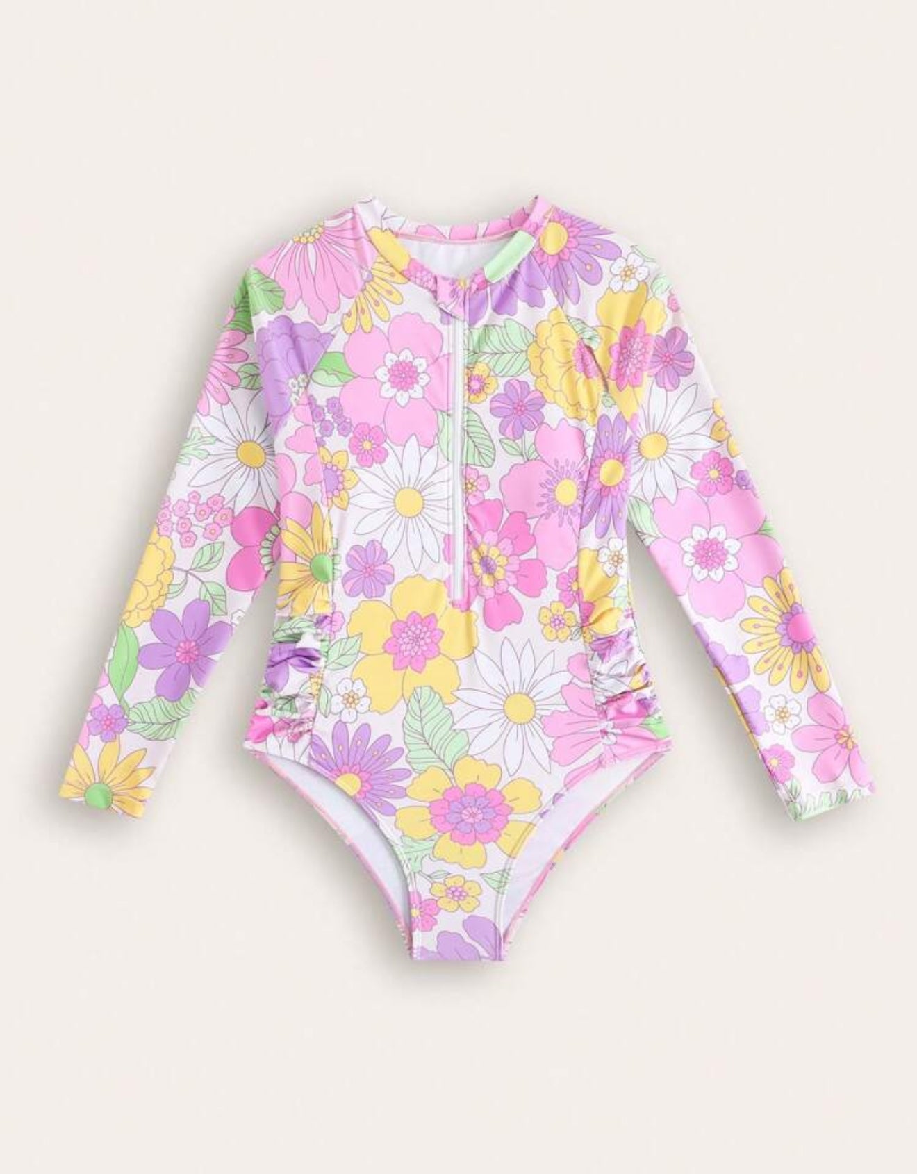 Traje de Baño Manga Larga flores moradas