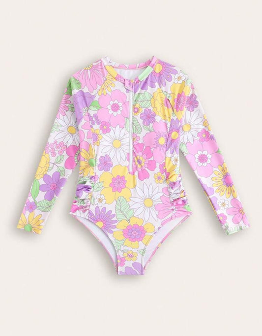 Traje de Baño Manga Larga flores moradas